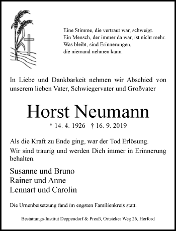 Traueranzeige von Horst Neumann von Neue Westfälische