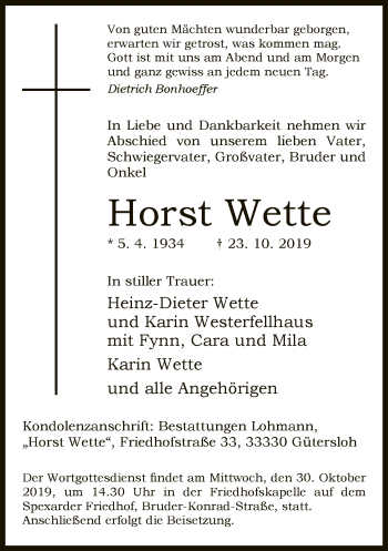Traueranzeige von Horst Wette von Neue Westfälische