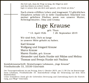 Traueranzeige von Inge Krause von Neue Westfälische