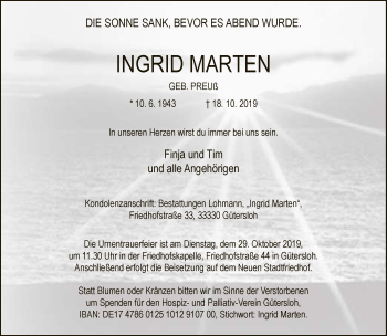 Traueranzeige von Ingrid Marten von Neue Westfälische