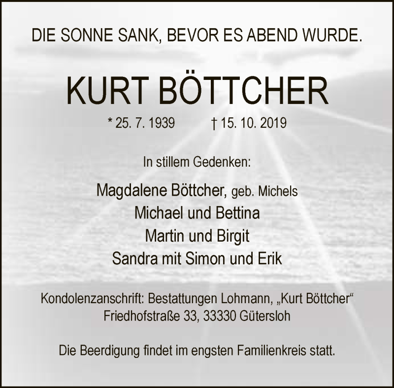  Traueranzeige für Kurt Böttcher vom 19.10.2019 aus Neue Westfälische