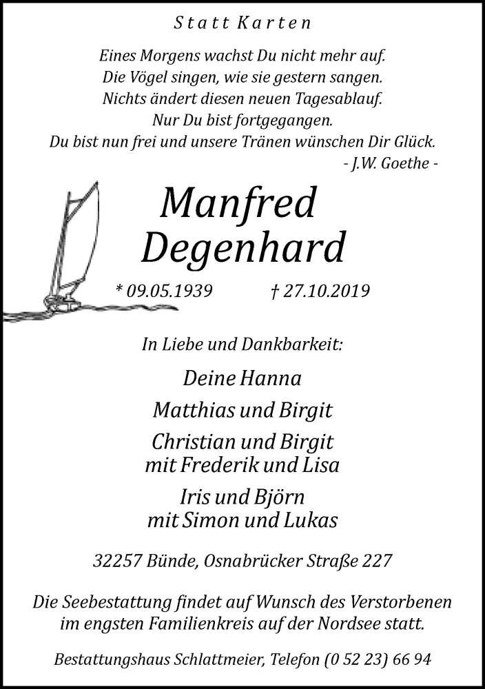  Traueranzeige für Manfred Degenhard vom 30.10.2019 aus Neue Westfälische