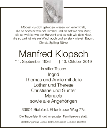 Traueranzeige von Manfred Klopsch von Neue Westfälische