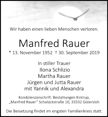Traueranzeige von Manfred Rauer von Neue Westfälische