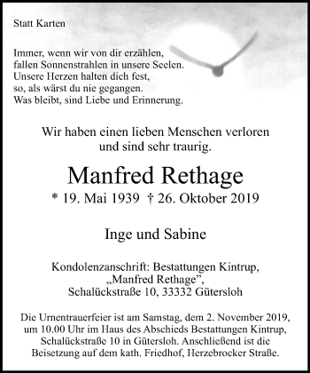 Traueranzeige von Manfred Rethage von Neue Westfälische
