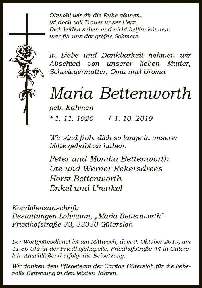  Traueranzeige für Maria Bettenworth vom 05.10.2019 aus Neue Westfälische