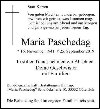 Traueranzeige von Maria Paschedag von Neue Westfälische