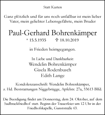 Traueranzeige von Paul-Gerhard Bohrenkämper von Neue Westfälische