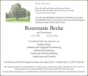 Traueranzeige von Rosemarie Becke von Neue Westfälische