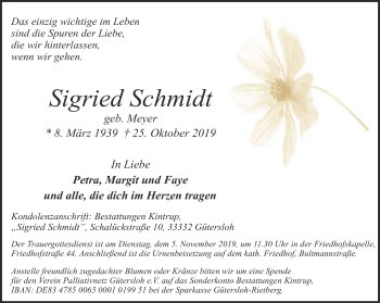 Traueranzeige von Sigried Schmidt von Neue Westfälische