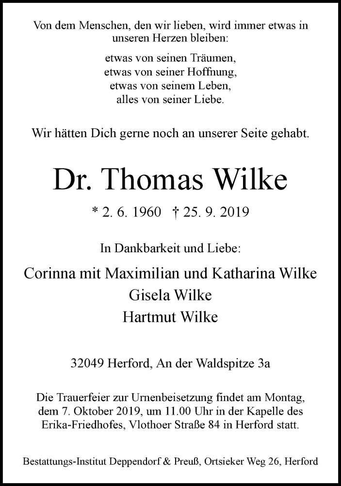  Traueranzeige für Thomas Wilke vom 03.10.2019 aus Neue Westfälische