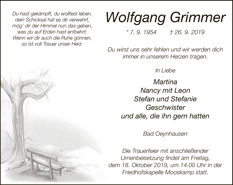  Traueranzeige für Wolfgang Grimmer vom 12.10.2019 aus Neue Westfälische