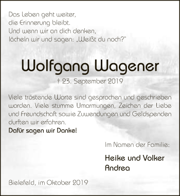 Traueranzeige von Wolfgang Wagener von Neue Westfälische