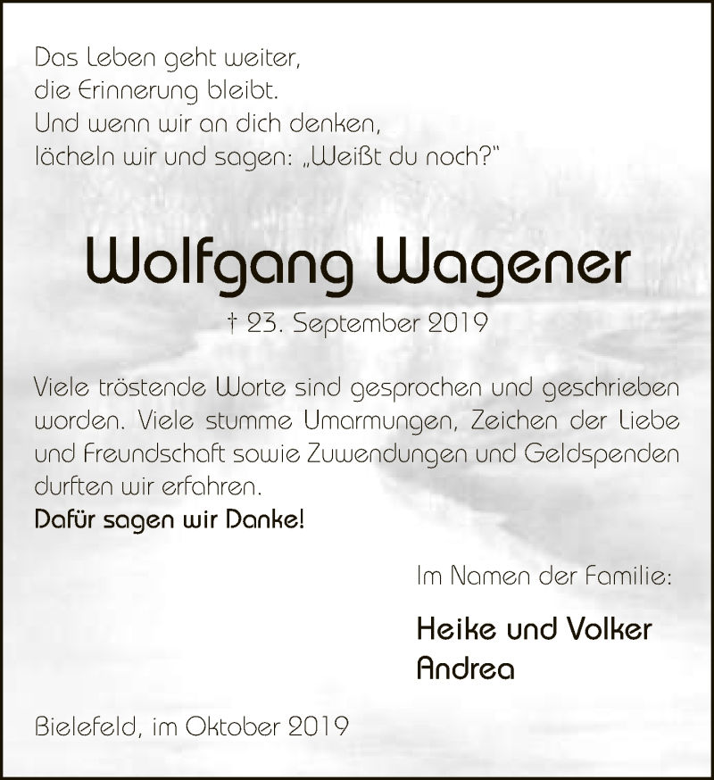  Traueranzeige für Wolfgang Wagener vom 26.10.2019 aus Neue Westfälische
