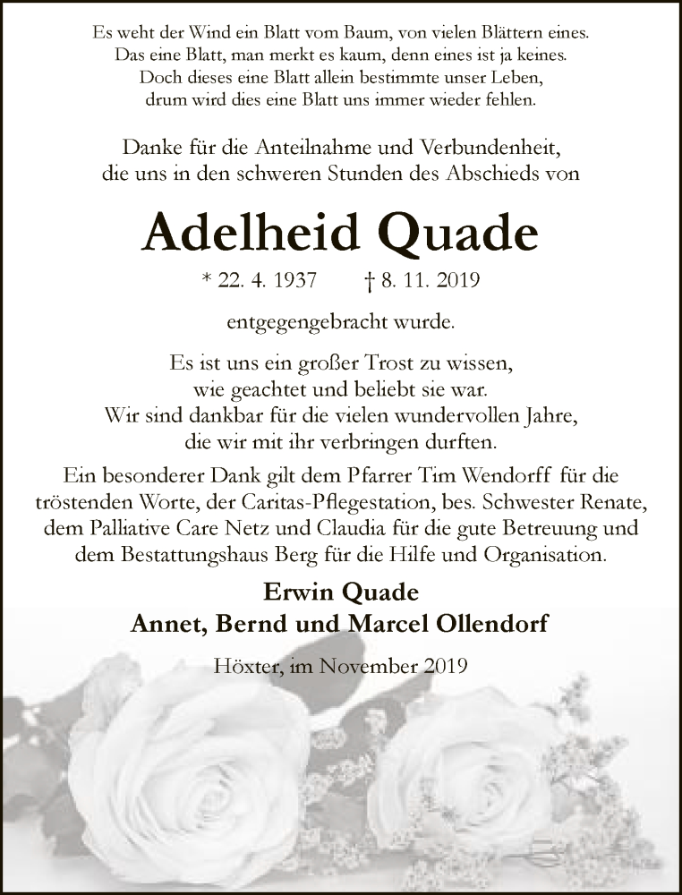  Traueranzeige für Adelheid Quade vom 30.11.2019 aus Neue Westfälische
