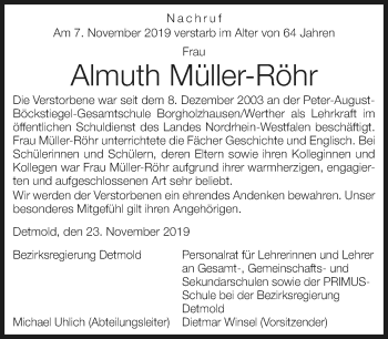 Traueranzeige von Almuth Müller-Röhr von Neue Westfälische