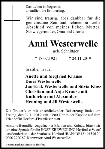 Traueranzeige von Anni Westerwelle von Neue Westfälische