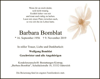 Traueranzeige von Barbara Bomblat von Neue Westfälische
