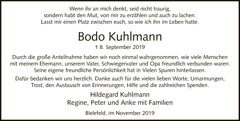  Traueranzeige für Bodo Kuhlmann vom 01.11.2019 aus Neue Westfälische