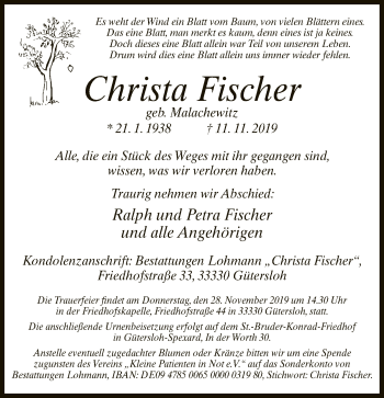 Traueranzeige von Christa Fischer von Neue Westfälische