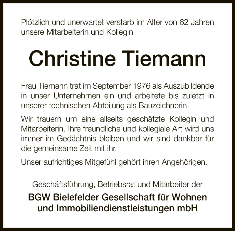  Traueranzeige für Christine Tiemann vom 30.11.2019 aus Neue Westfälische