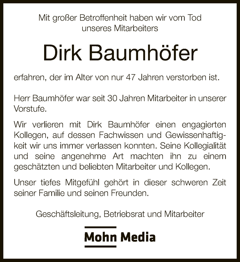  Traueranzeige für Dirk Baumhöfer vom 11.11.2019 aus Neue Westfälische