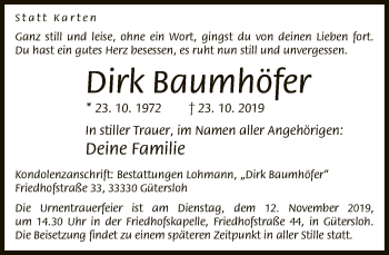 Traueranzeige von Dirk Baumhöfer von Neue Westfälische