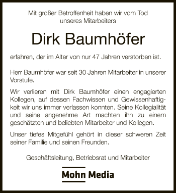 Traueranzeige von Dirk Baumhöfer von Neue Westfälische