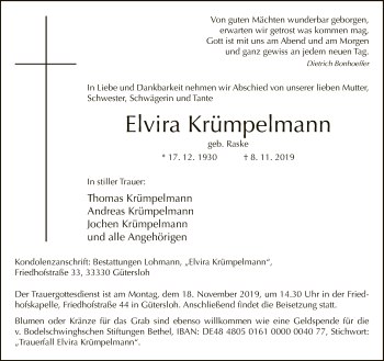 Traueranzeige von Elvira Krümpelmann von Neue Westfälische