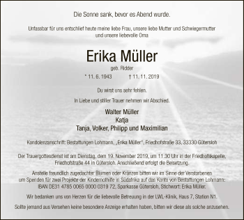 Traueranzeige von Erika Müller von Neue Westfälische
