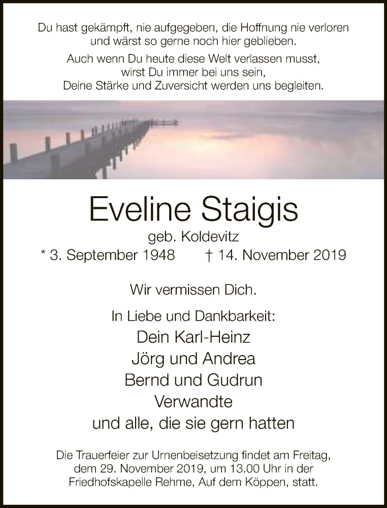  Traueranzeige für Eveline Staigis vom 23.11.2019 aus Neue Westfälische