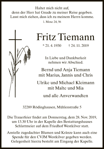 Traueranzeige von Fritz Tiemann von Neue Westfälische
