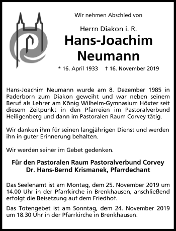 Traueranzeige von Hans-Joachim Neumann von Neue Westfälische