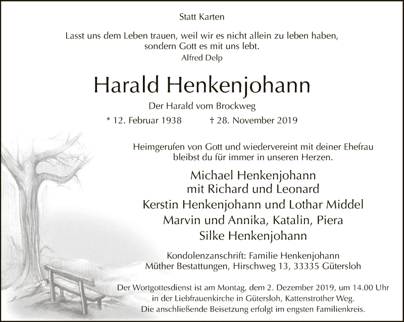  Traueranzeige für Harald Henkenjohann vom 30.11.2019 aus Neue Westfälische