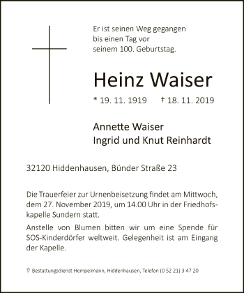 Traueranzeige von Heinz Waiser von Neue Westfälische