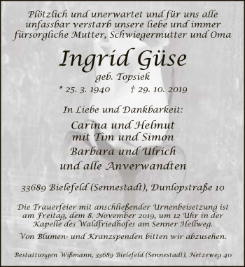 Traueranzeige von Ingrid Güse von Neue Westfälische