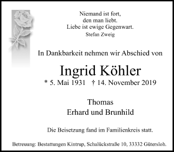 Traueranzeige von Ingrid Köhler von Neue Westfälische