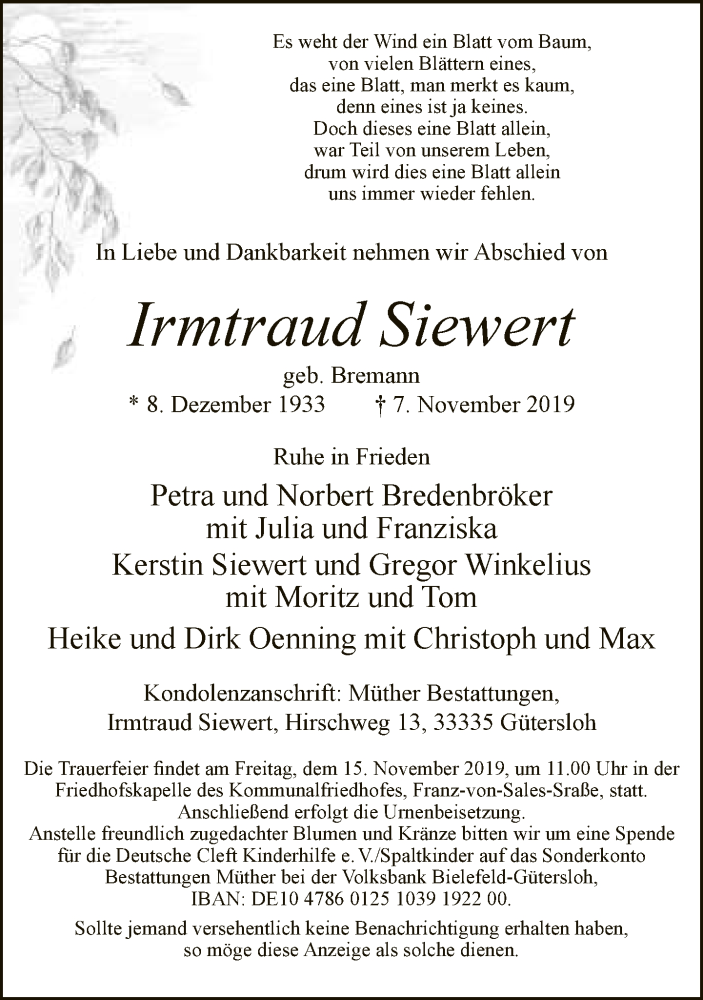  Traueranzeige für Irmtraud Siewert vom 11.11.2019 aus Neue Westfälische