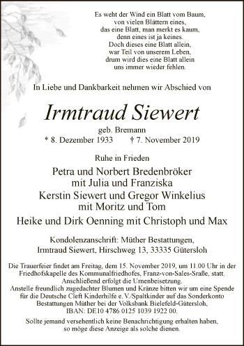 Traueranzeige von Irmtraud Siewert von Neue Westfälische