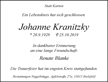 Traueranzeige von Johanne Kranitzky von Neue Westfälische