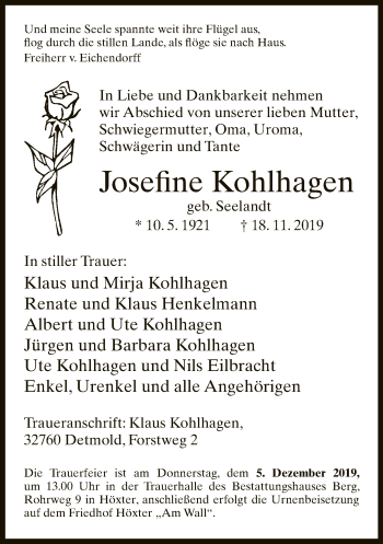 Traueranzeige von Josefine Kohlhagen von Neue Westfälische