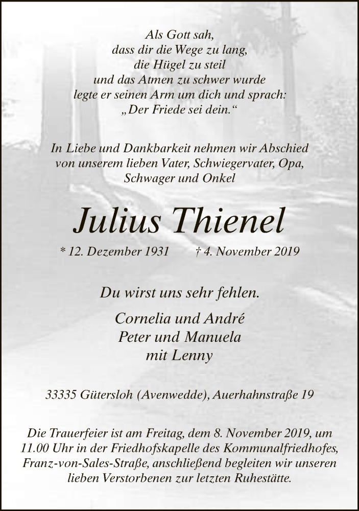  Traueranzeige für Julius Thienel vom 06.11.2019 aus Neue Westfälische
