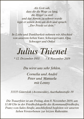 Traueranzeige von Julius Thienel von Neue Westfälische
