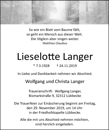 Traueranzeige von Lieselotte Langer von Neue Westfälische