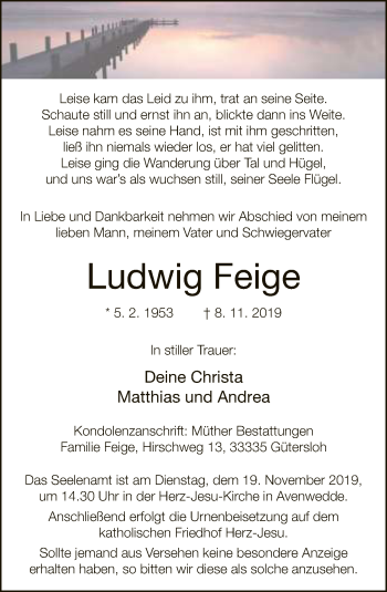 Traueranzeige von Ludwig Feige von Neue Westfälische