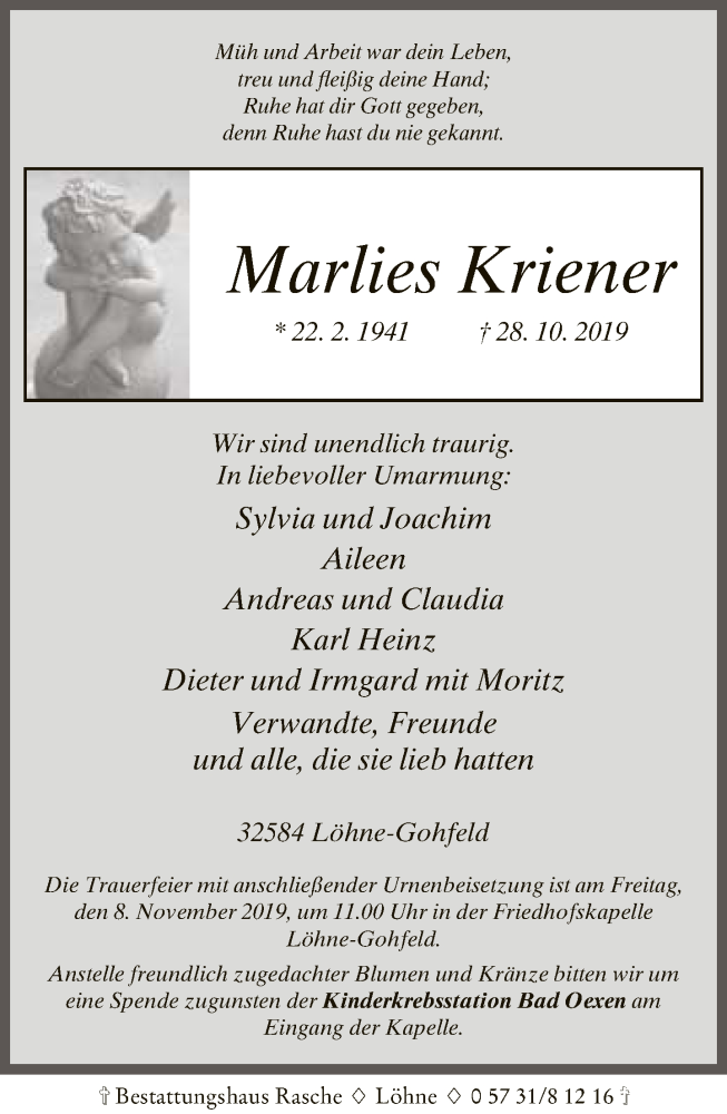  Traueranzeige für Marlies Kriener vom 01.11.2019 aus Neue Westfälische
