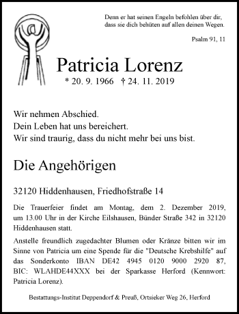 Traueranzeige von Patricia Lorenz von Neue Westfälische