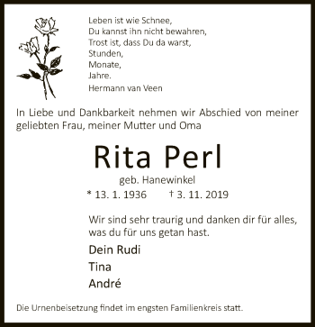 Traueranzeige von Rita Perl von Neue Westfälische