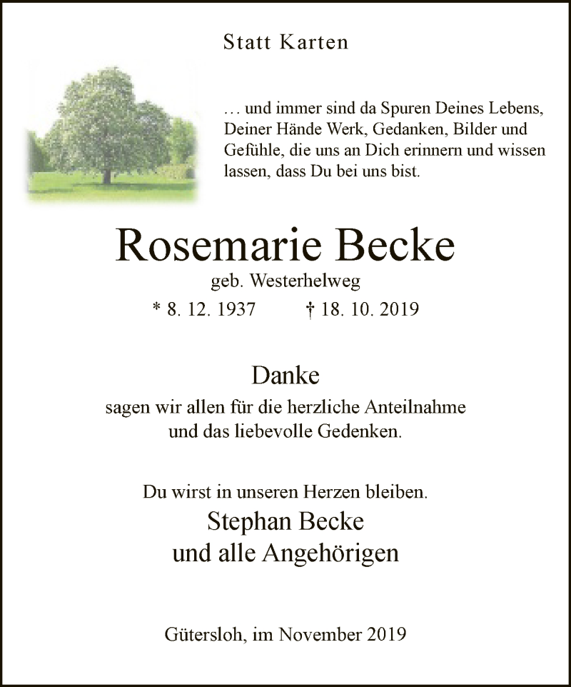  Traueranzeige für Rosemarie Becke vom 16.11.2019 aus Neue Westfälische