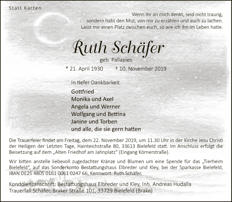  Traueranzeige für Ruth Schäfer vom 16.11.2019 aus Neue Westfälische